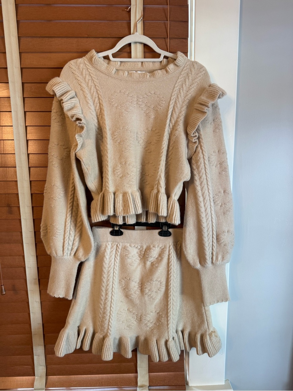MARBLE Cream Ruffle Cable-Knit Sweater Set